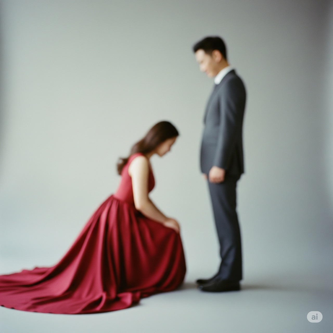Women kneeling: An image depicting a woman kneeling before a man, both faceless, representing the concept of Women's Validation and the search for approval.